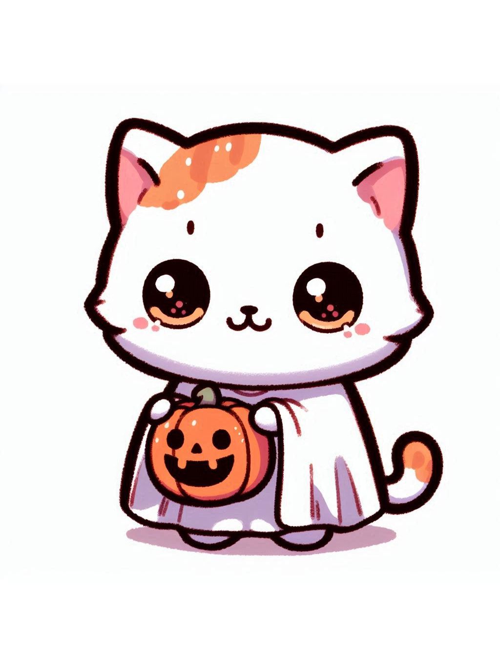 halloween cute animals drawings: A ghostly kitten holding a tiny pumpkin basket.